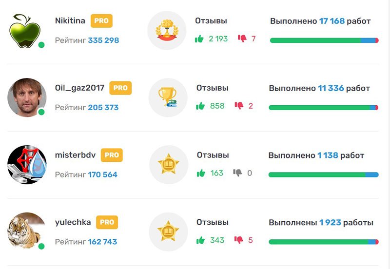 Лучшие эксперты в Студворк по рейтингу выполнения работ